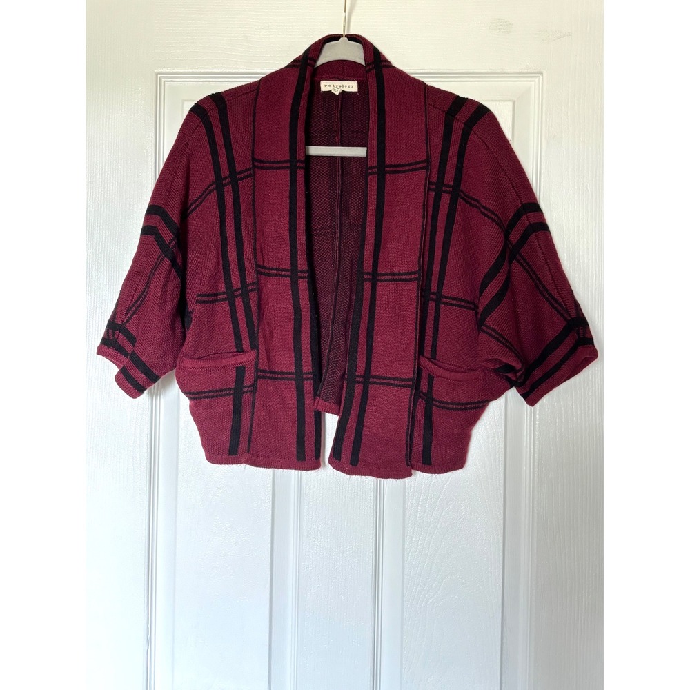 Retrology Burgundy Black Plaid Open Front Cropped Cardigan Sweater Petite Medium